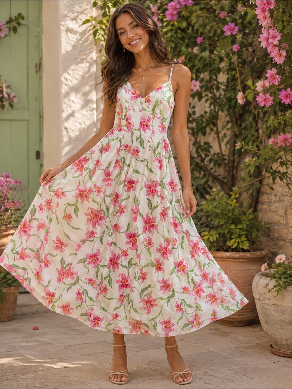 Japra Floral Midi Dress White Pink Flower Print Smocked Back Size Small